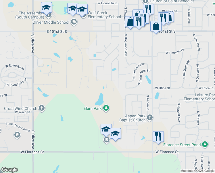 map of restaurants, bars, coffee shops, grocery stores, and more near 2501 West Twin Oaks Street in Broken Arrow