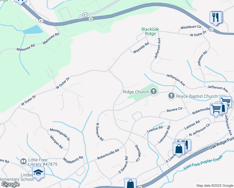 map of restaurants, bars, coffee shops, grocery stores, and more near 317 Louisiana Ave in Oak Ridge