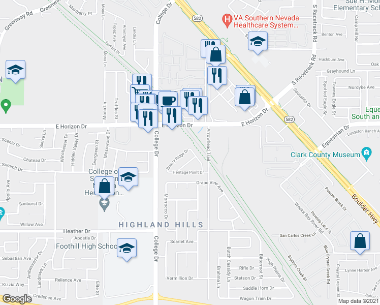 map of restaurants, bars, coffee shops, grocery stores, and more near 727 Breezy Ridge Drive in Henderson