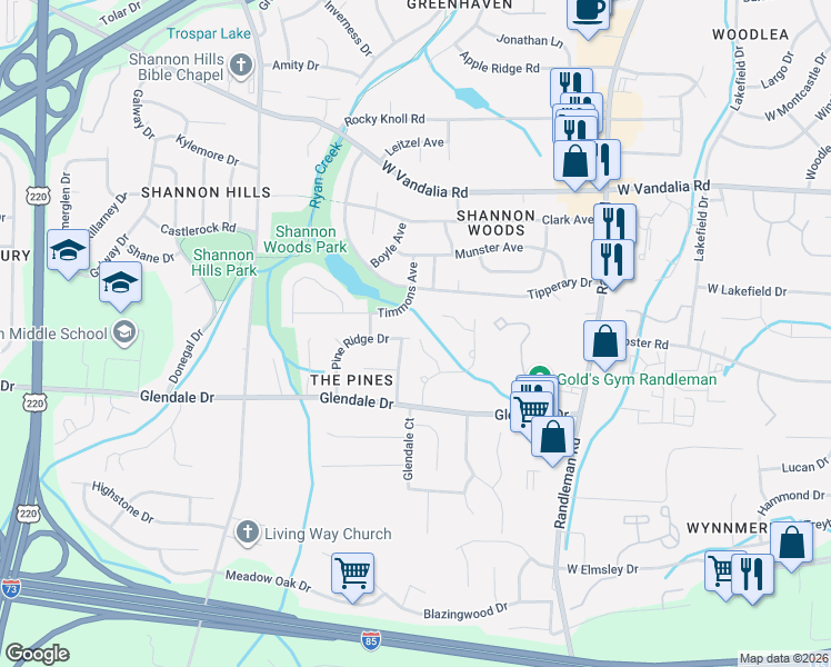 map of restaurants, bars, coffee shops, grocery stores, and more near 3301 Bristle Cone Road in Greensboro