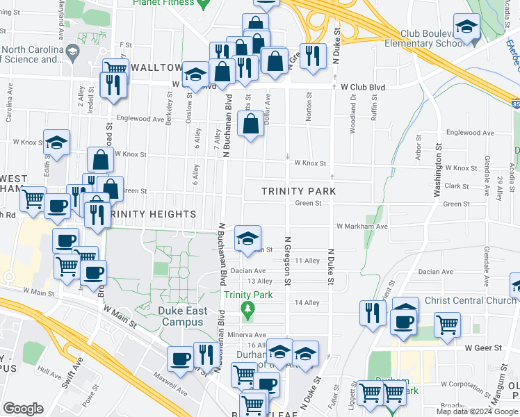 map of restaurants, bars, coffee shops, grocery stores, and more near 1019 Green Street in Durham