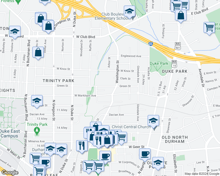 map of restaurants, bars, coffee shops, grocery stores, and more near 519 Green Street in Durham