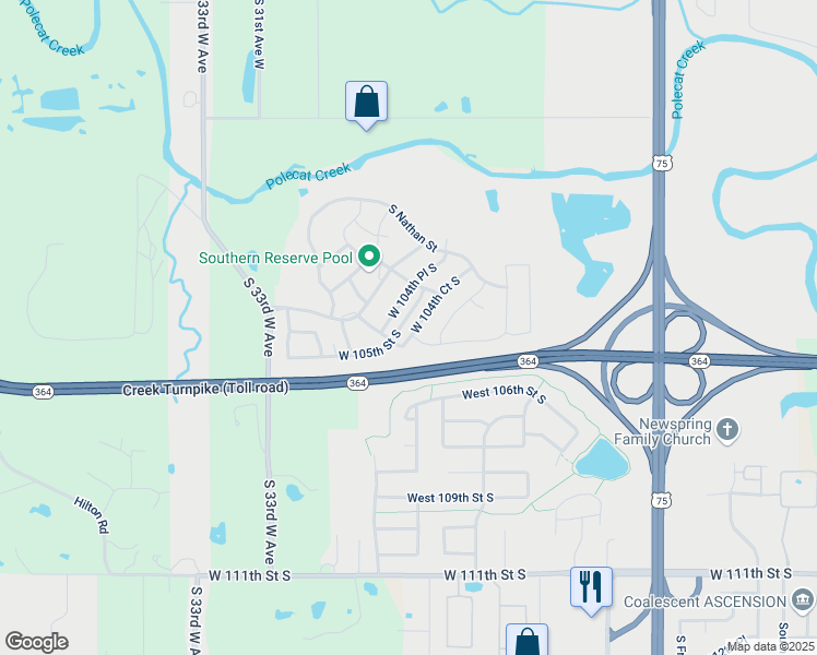 map of restaurants, bars, coffee shops, grocery stores, and more near 4016 West 104th Court South in Jenks