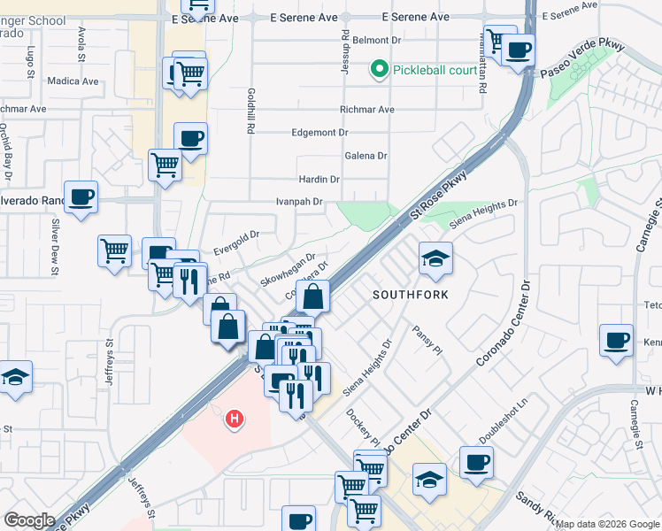 map of restaurants, bars, coffee shops, grocery stores, and more near 2857 Cordillera Drive in Henderson
