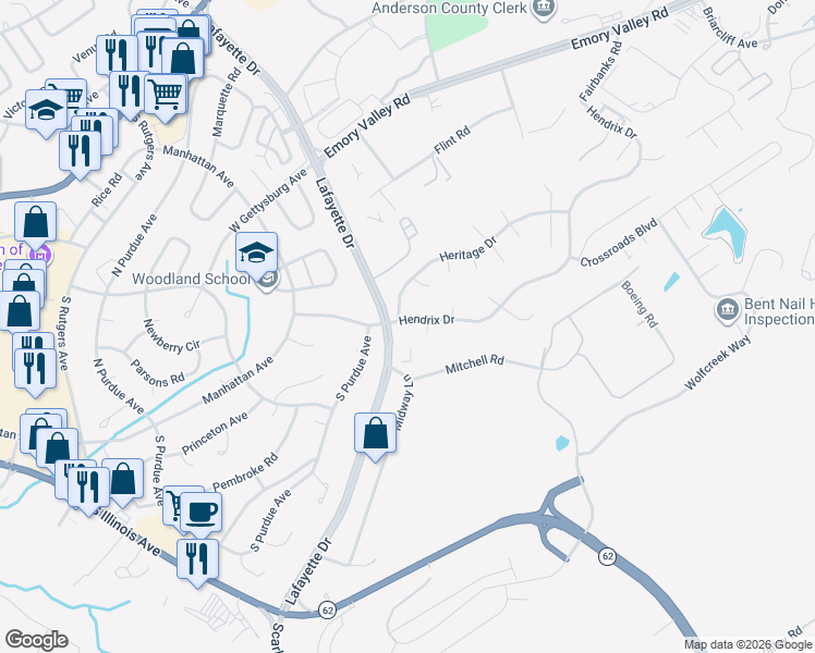 map of restaurants, bars, coffee shops, grocery stores, and more near 100 Hendrix Drive in Oak Ridge