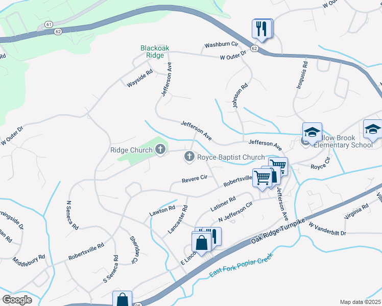 map of restaurants, bars, coffee shops, grocery stores, and more near 133 Lasalle Road in Oak Ridge