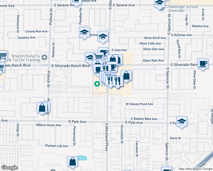 map of restaurants, bars, coffee shops, grocery stores, and more near 9875 South Maryland Parkway in Las Vegas