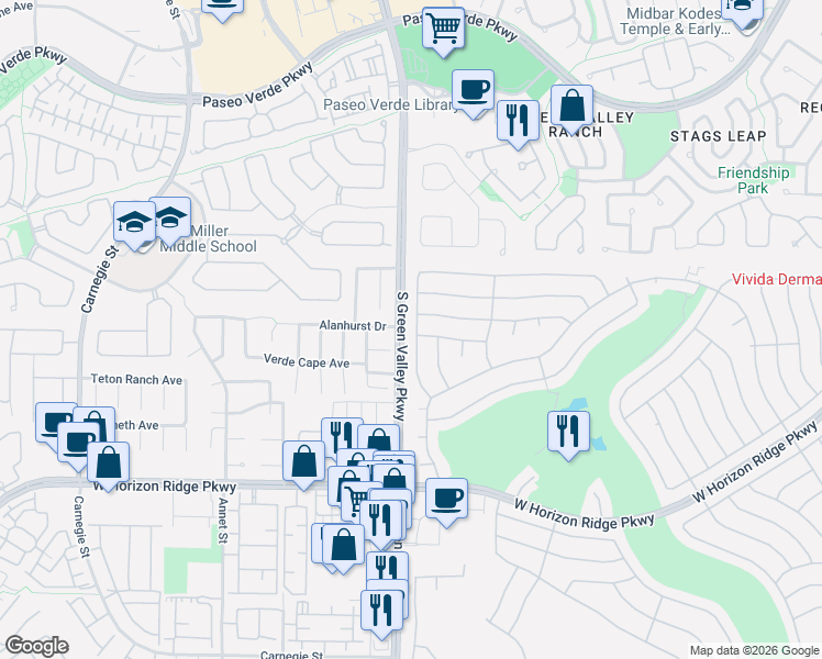 map of restaurants, bars, coffee shops, grocery stores, and more near 435 Golden State Street in Henderson