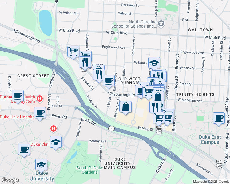 map of restaurants, bars, coffee shops, grocery stores, and more near 730 15th Street in Durham