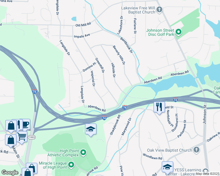 map of restaurants, bars, coffee shops, grocery stores, and more near 3412 Greenhill Drive in High Point