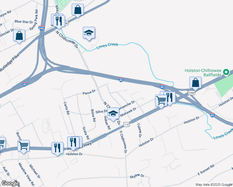 map of restaurants, bars, coffee shops, grocery stores, and more near 311 Iroquois Drive in Knoxville