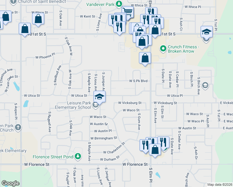 map of restaurants, bars, coffee shops, grocery stores, and more near 909 West Utica Street in Broken Arrow