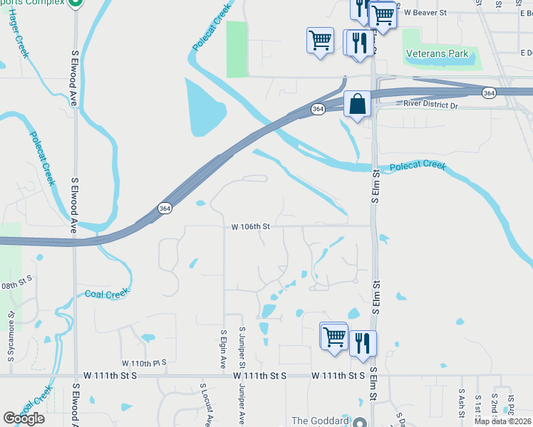 map of restaurants, bars, coffee shops, grocery stores, and more near 10528 South Gum Street in Jenks