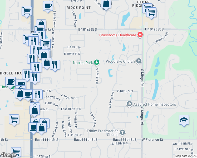 map of restaurants, bars, coffee shops, grocery stores, and more near 10535 South 92nd Circle East in Tulsa