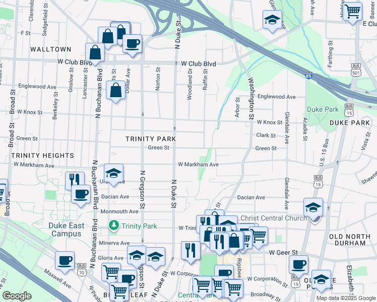 map of restaurants, bars, coffee shops, grocery stores, and more near 817 Green Street in Durham