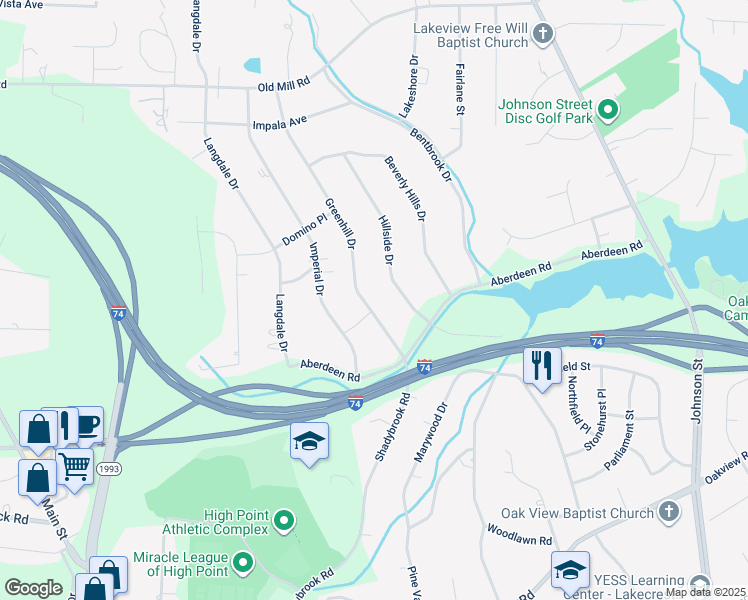 map of restaurants, bars, coffee shops, grocery stores, and more near 3412 Greenhill Drive in High Point