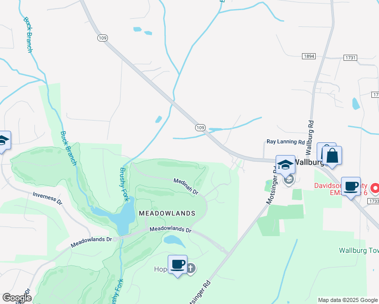 map of restaurants, bars, coffee shops, grocery stores, and more near 9289 North Carolina 109 in Winston-Salem