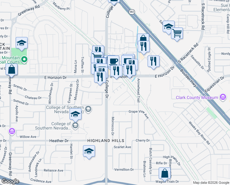 map of restaurants, bars, coffee shops, grocery stores, and more near 718 Breezy Ridge Drive in Henderson