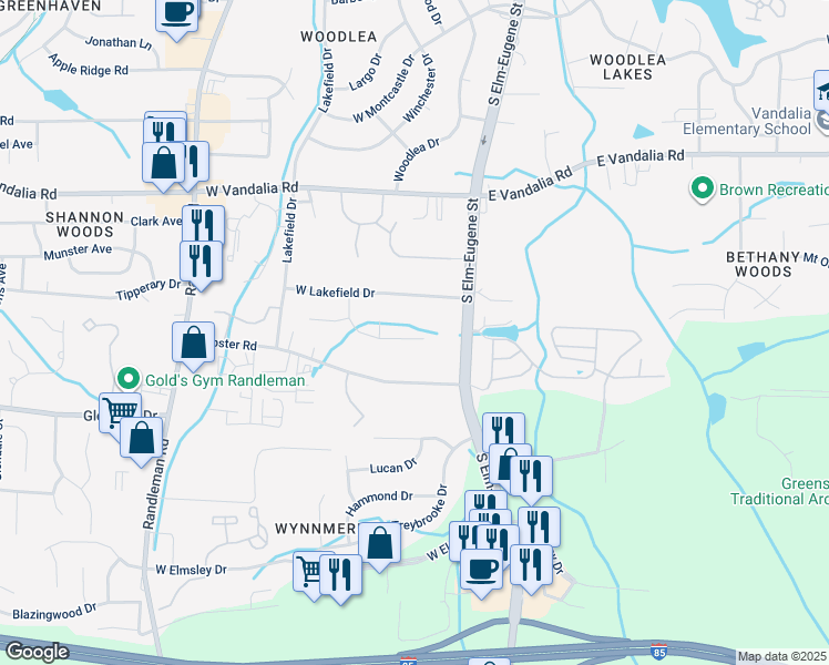 map of restaurants, bars, coffee shops, grocery stores, and more near 102 Brook Pine Drive in Greensboro