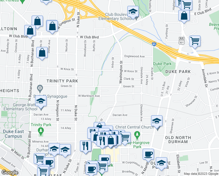 map of restaurants, bars, coffee shops, grocery stores, and more near 533 Green Street in Durham