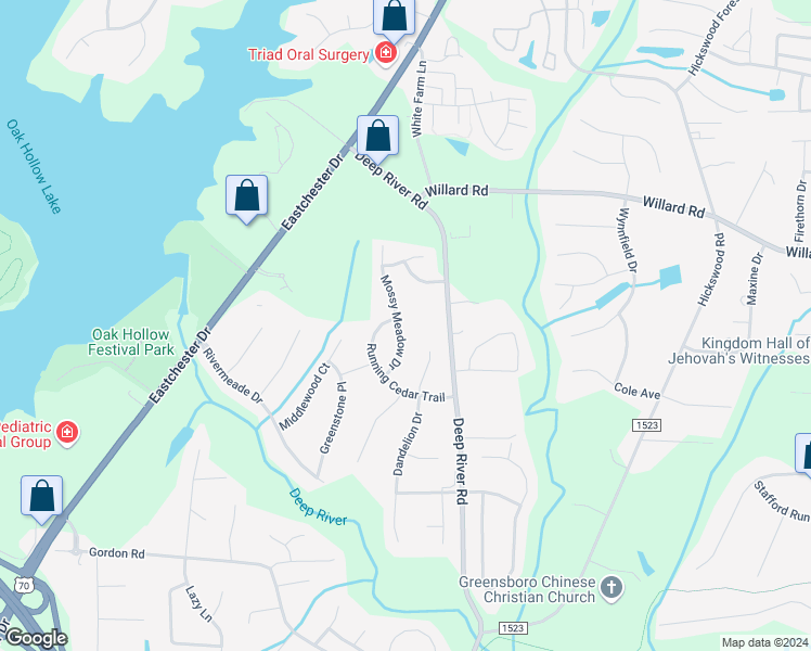 map of restaurants, bars, coffee shops, grocery stores, and more near 2758 Mossy Meadow Drive in High Point
