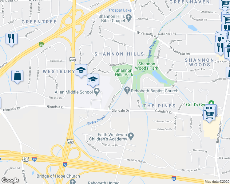 map of restaurants, bars, coffee shops, grocery stores, and more near 4126 Donegal Drive in Greensboro