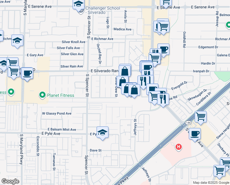 map of restaurants, bars, coffee shops, grocery stores, and more near 9851 Silver Dew Street in Las Vegas