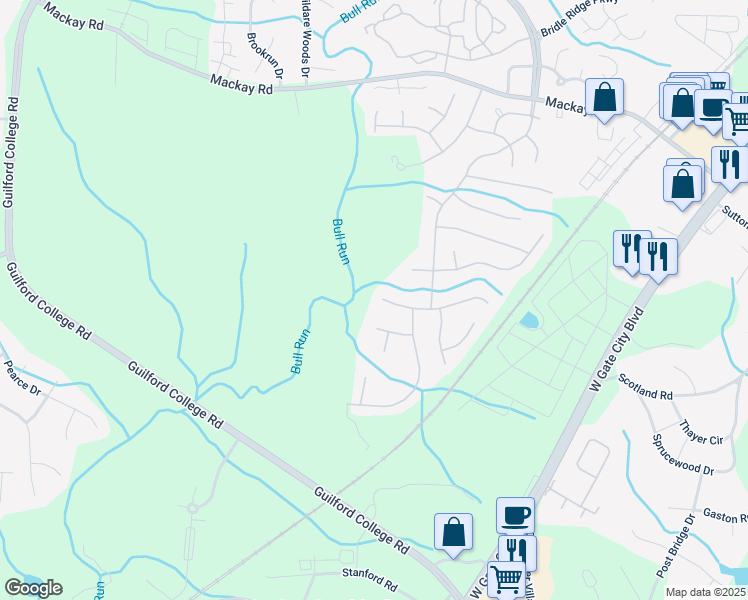 map of restaurants, bars, coffee shops, grocery stores, and more near 5613 Wellsley Drive West in Greensboro