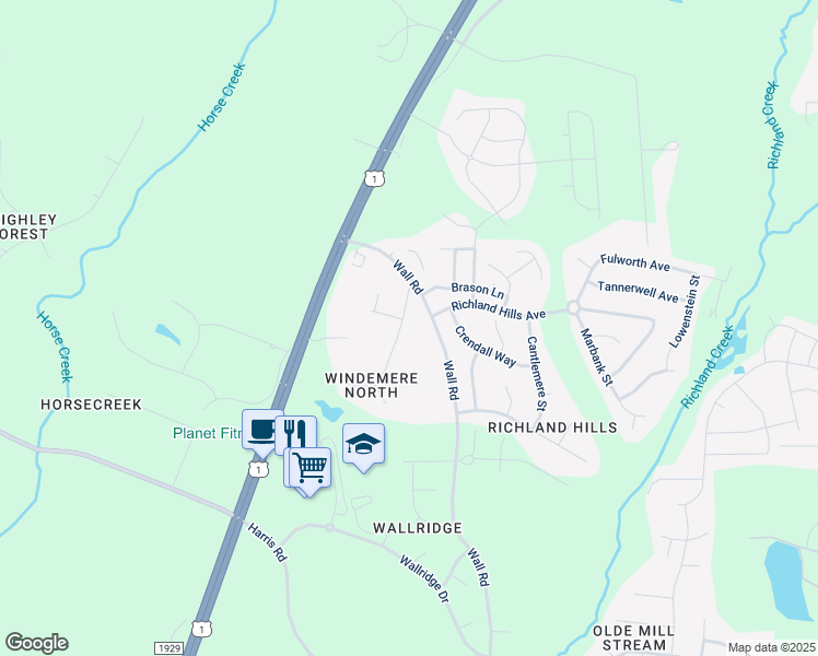 map of restaurants, bars, coffee shops, grocery stores, and more near 1024 Windemere Lane in Wake Forest