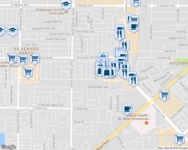 map of restaurants, bars, coffee shops, grocery stores, and more near 9851 Silver Dew Street in Las Vegas