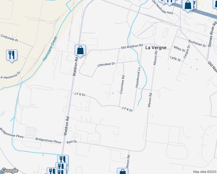 map of restaurants, bars, coffee shops, grocery stores, and more near 143 Cherokee Drive in La Vergne