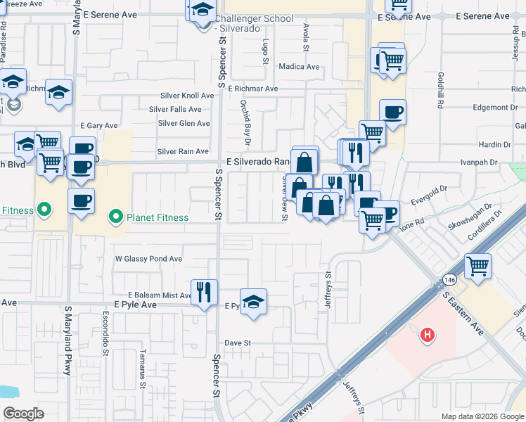 map of restaurants, bars, coffee shops, grocery stores, and more near 9588 Silver Chaps Court in Las Vegas