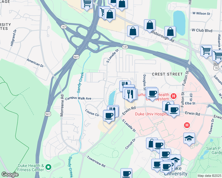map of restaurants, bars, coffee shops, grocery stores, and more near 1000 McQueen Drive in Durham