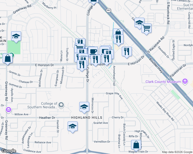 map of restaurants, bars, coffee shops, grocery stores, and more near 718 Breezy Ridge Drive in Henderson