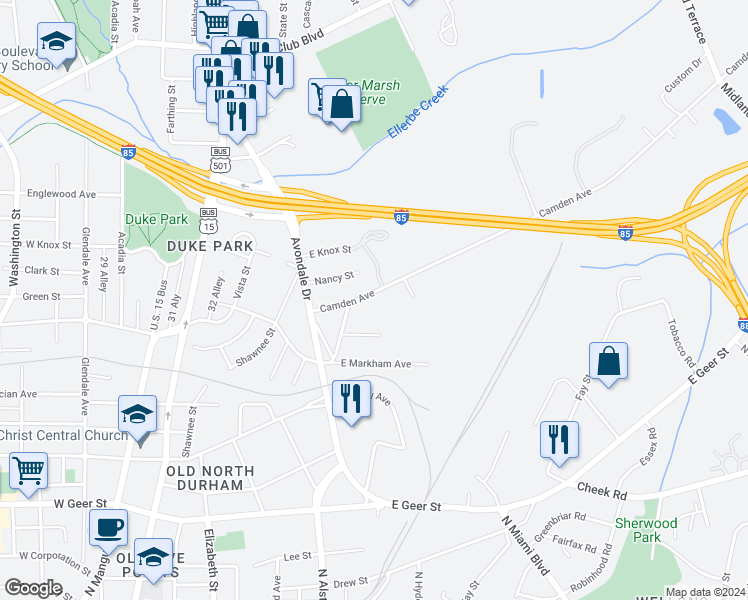 map of restaurants, bars, coffee shops, grocery stores, and more near 910 Camden Avenue in Durham