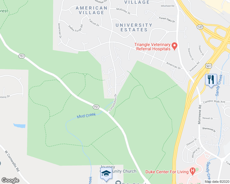 map of restaurants, bars, coffee shops, grocery stores, and more near 910 Constitution Drive in Durham