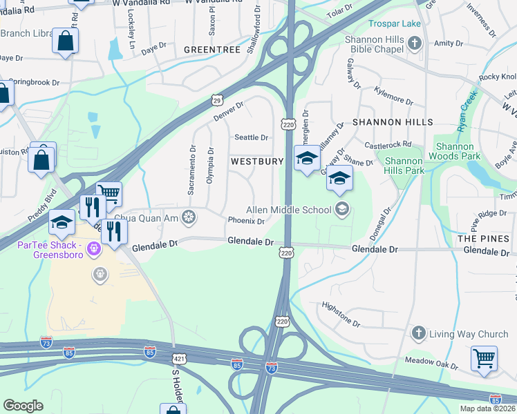map of restaurants, bars, coffee shops, grocery stores, and more near 2302 Phoenix Drive in Greensboro