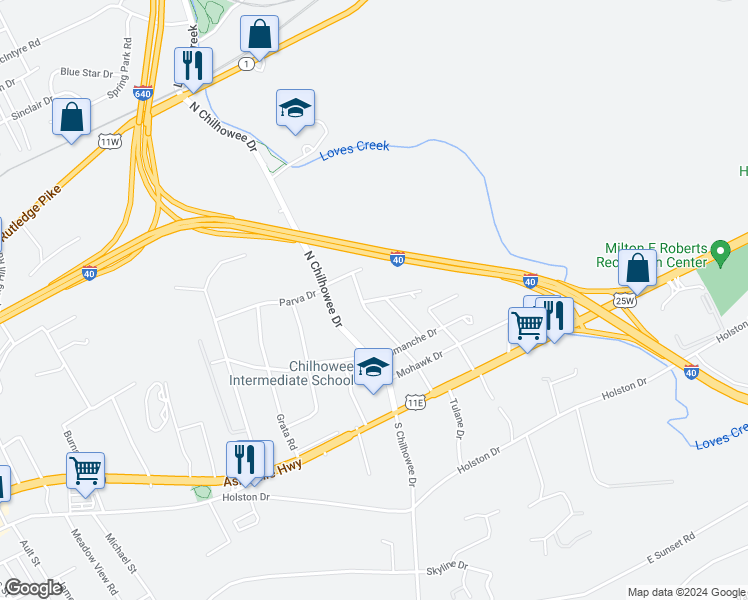 map of restaurants, bars, coffee shops, grocery stores, and more near 311 Iroquois Drive in Knoxville