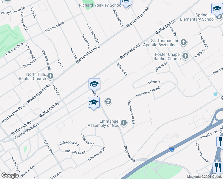 map of restaurants, bars, coffee shops, grocery stores, and more near 3542 Kenilworth Lane Northeast in Knoxville