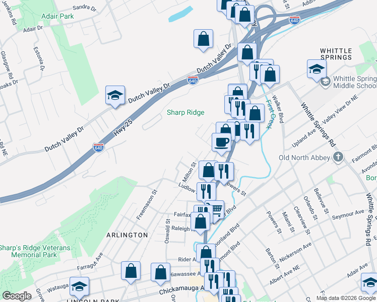 map of restaurants, bars, coffee shops, grocery stores, and more near 1212 Karnes Avenue in Knoxville