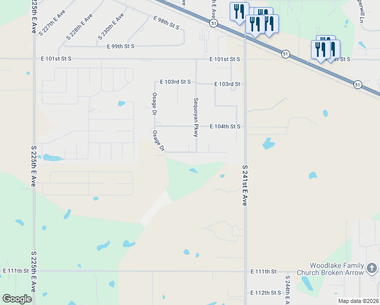 map of restaurants, bars, coffee shops, grocery stores, and more near 23640 East 105th Street South in Broken Arrow