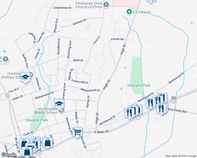 map of restaurants, bars, coffee shops, grocery stores, and more near 139 Oak Drive in Huntingdon