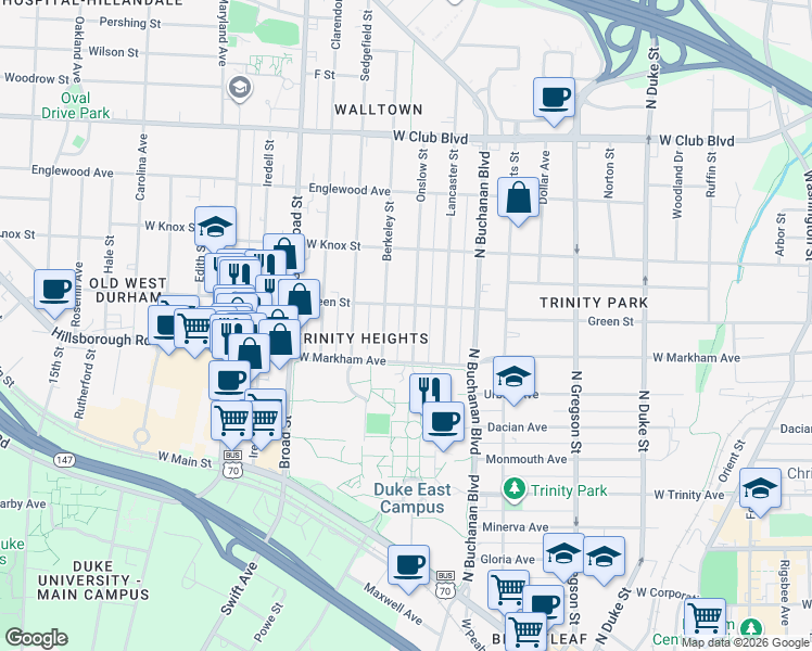 map of restaurants, bars, coffee shops, grocery stores, and more near 821 Onslow Street in Durham