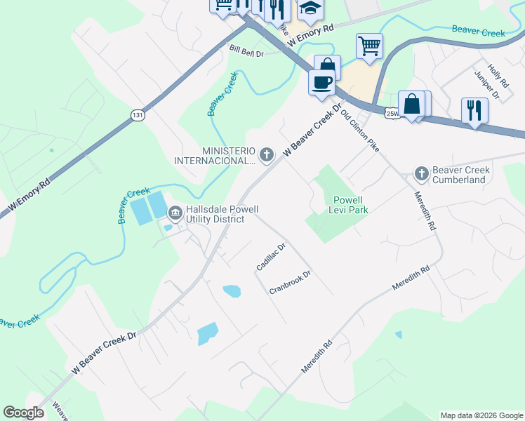 map of restaurants, bars, coffee shops, grocery stores, and more near 7320 Evanel Way in Powell