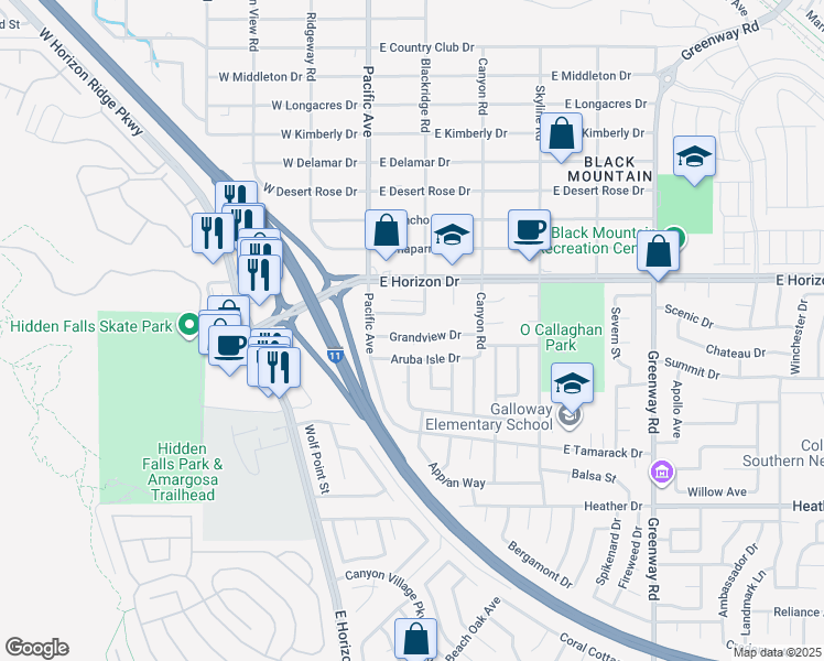 map of restaurants, bars, coffee shops, grocery stores, and more near 120 Grandview Drive in Henderson