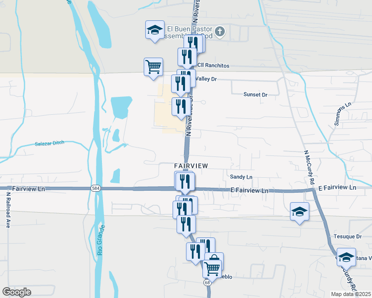 map of restaurants, bars, coffee shops, grocery stores, and more near North Riverside Drive in Espanola