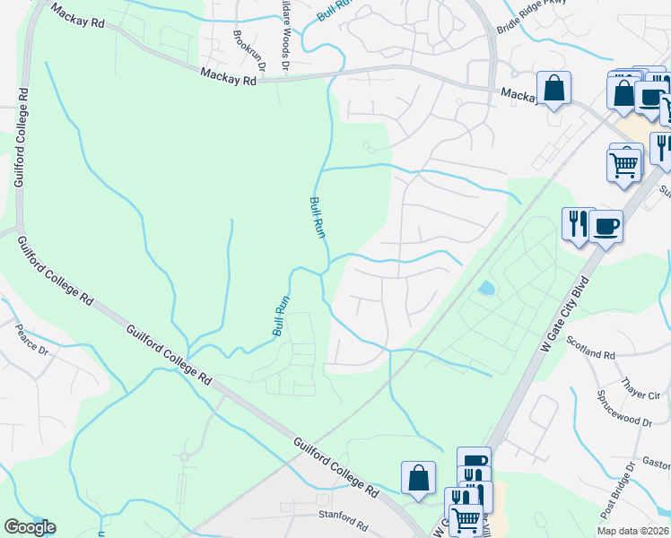 map of restaurants, bars, coffee shops, grocery stores, and more near 5613 Wellsley Drive West in Greensboro