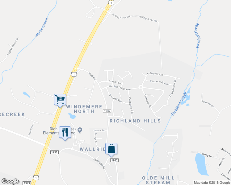 map of restaurants, bars, coffee shops, grocery stores, and more near 1313 Hosmer Court in Wake Forest