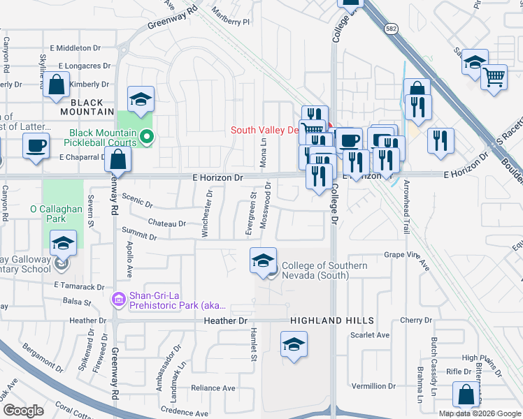map of restaurants, bars, coffee shops, grocery stores, and more near 614 Mosswood Drive in Henderson