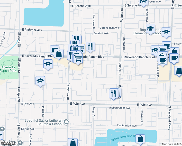 map of restaurants, bars, coffee shops, grocery stores, and more near 555 East Silverado Ranch Boulevard in Las Vegas